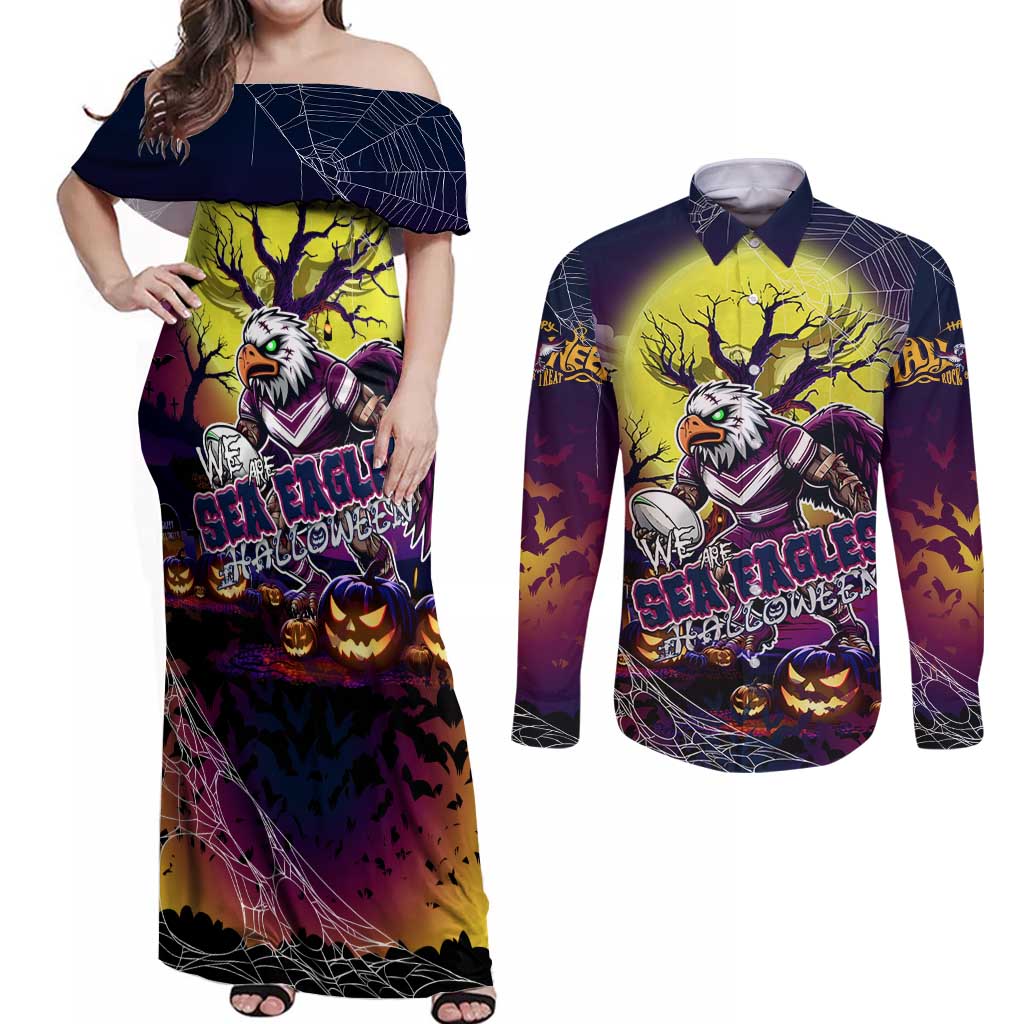 We Are Sea Eagles Halloween Couples Matching Off Shoulder Maxi Dress and Long Sleeve Button Shirt Pumpkin Scary Spooky Season - Aussie Hoodie