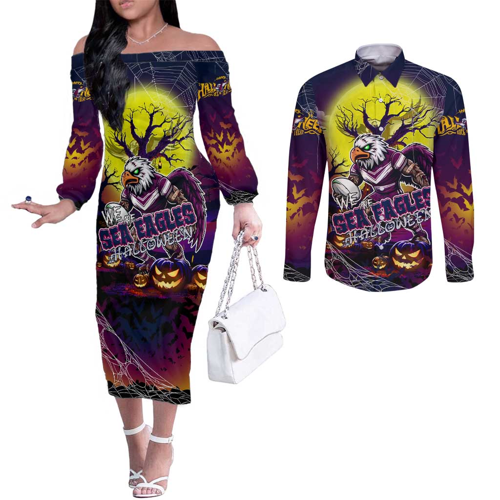 We Are Sea Eagles Halloween Couples Matching Off The Shoulder Long Sleeve Dress and Long Sleeve Button Shirt Pumpkin Scary Spooky Season - Aussie Hoodie