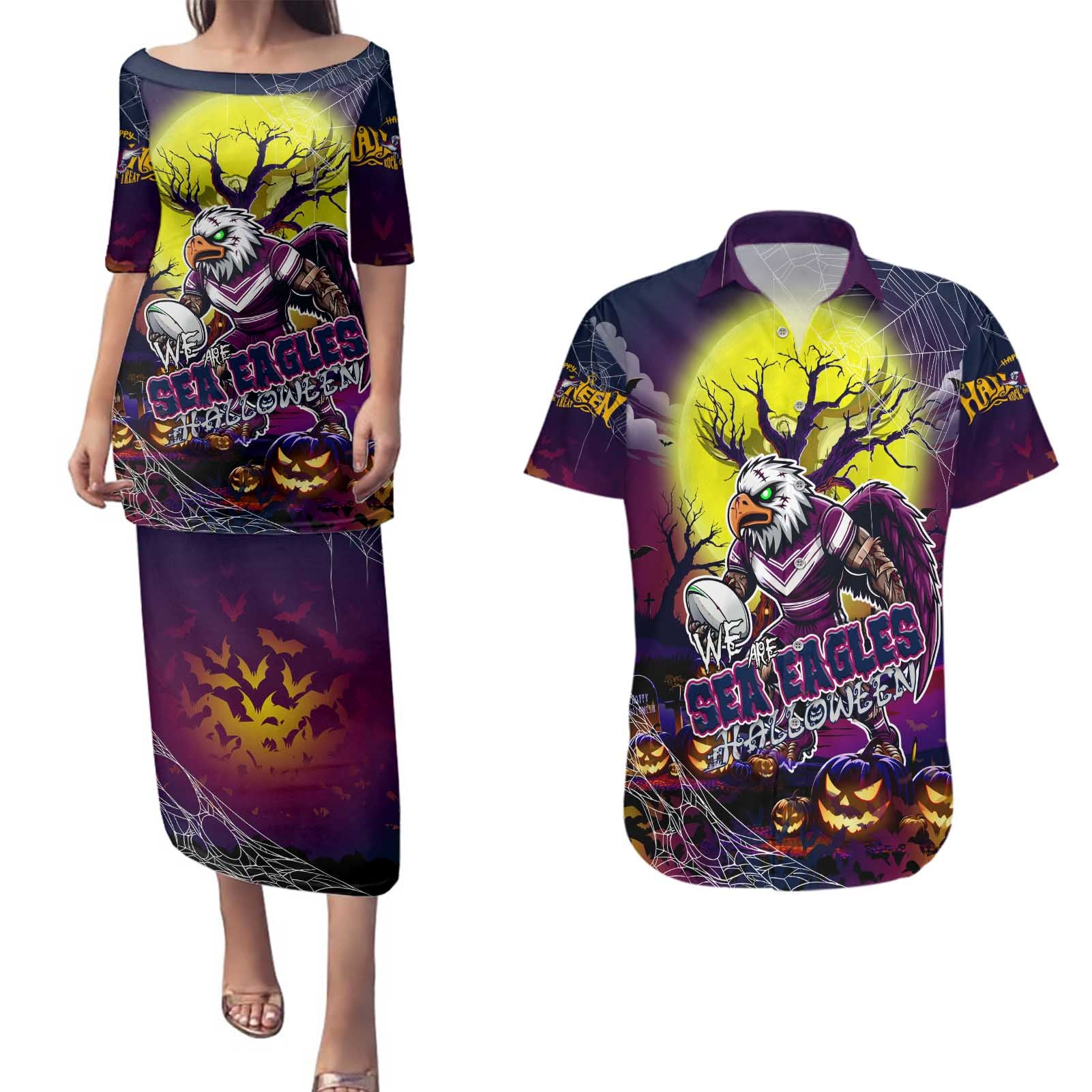 We Are Sea Eagles Halloween Couples Matching Puletasi and Hawaiian Shirt Pumpkin Scary Spooky Season - Aussie Hoodie