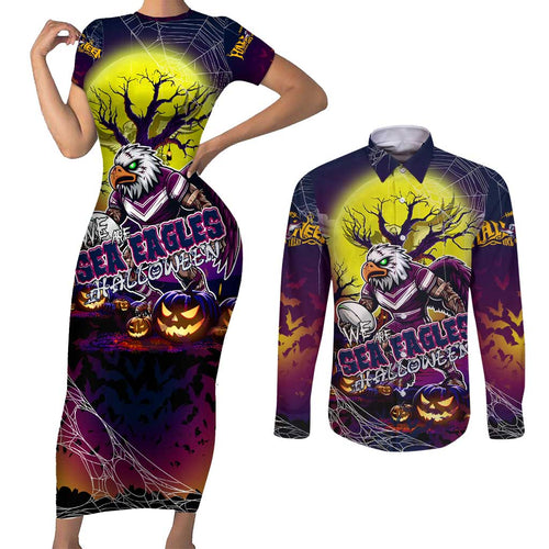 We Are Sea Eagles Halloween Couples Matching Short Sleeve Bodycon Dress and Long Sleeve Button Shirt Pumpkin Scary Spooky Season - Aussie Hoodie