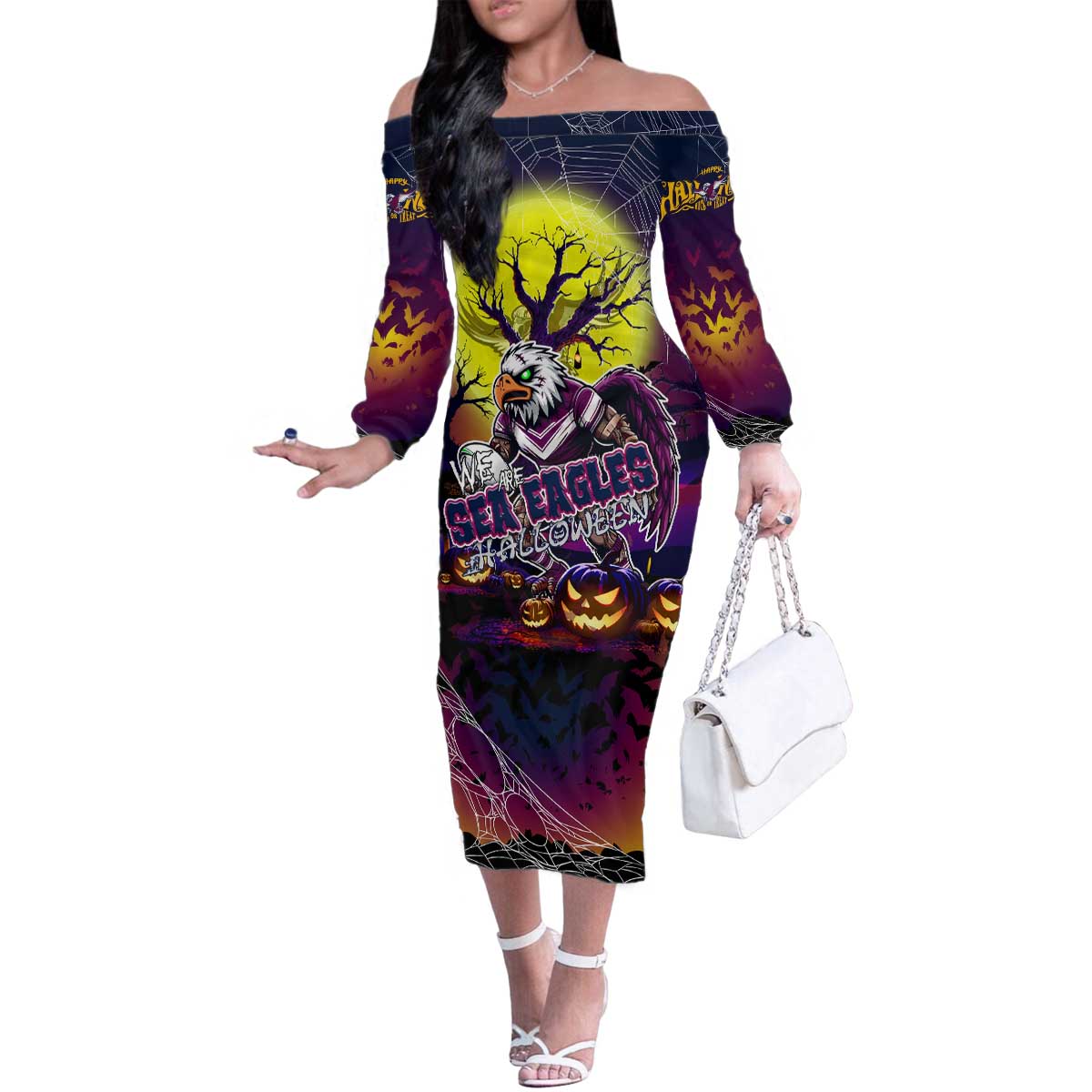 We Are Sea Eagles Halloween Family Matching Off The Shoulder Long Sleeve Dress and Hawaiian Shirt Pumpkin Scary Spooky Season - Aussie Hoodie