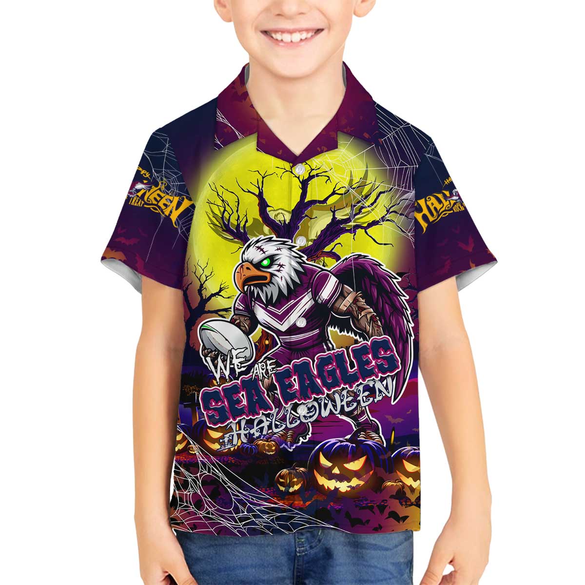 We Are Sea Eagles Halloween Family Matching Off The Shoulder Long Sleeve Dress and Hawaiian Shirt Pumpkin Scary Spooky Season - Aussie Hoodie