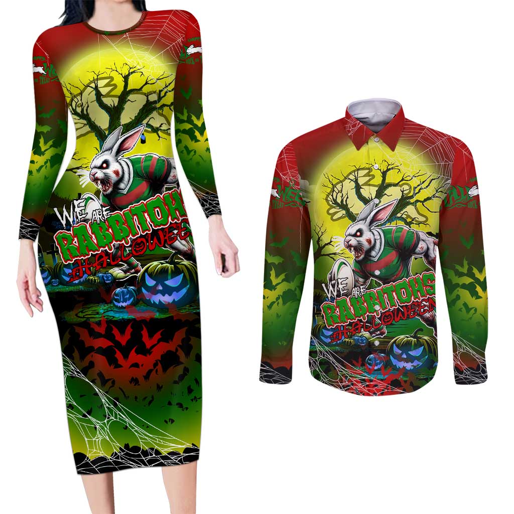 We Are Rabbitohs Halloween Couples Matching Long Sleeve Bodycon Dress and Long Sleeve Button Shirt Pumpkin Scary Spooky Season - Aussie Hoodie
