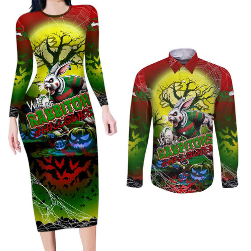 We Are Rabbitohs Halloween Couples Matching Long Sleeve Bodycon Dress and Long Sleeve Button Shirt Pumpkin Scary Spooky Season - Aussie Hoodie