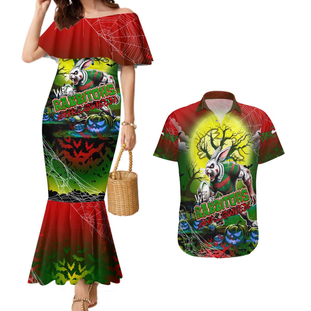 We Are Rabbitohs Halloween Couples Matching Mermaid Dress and Hawaiian Shirt Pumpkin Scary Spooky Season - Aussie Hoodie