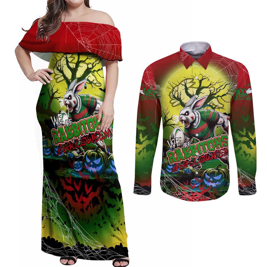 We Are Rabbitohs Halloween Couples Matching Off Shoulder Maxi Dress and Long Sleeve Button Shirt Pumpkin Scary Spooky Season - Aussie Hoodie