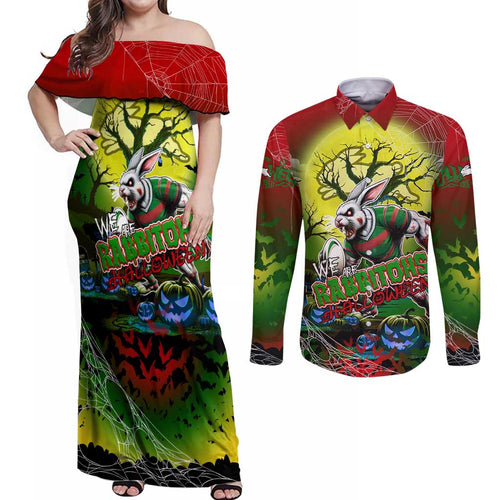 We Are Rabbitohs Halloween Couples Matching Off Shoulder Maxi Dress and Long Sleeve Button Shirt Pumpkin Scary Spooky Season - Aussie Hoodie