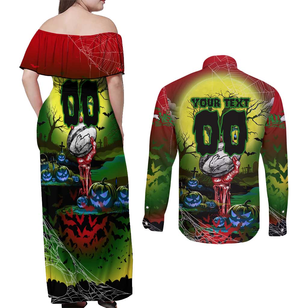 We Are Rabbitohs Halloween Couples Matching Off Shoulder Maxi Dress and Long Sleeve Button Shirt Pumpkin Scary Spooky Season - Aussie Hoodie
