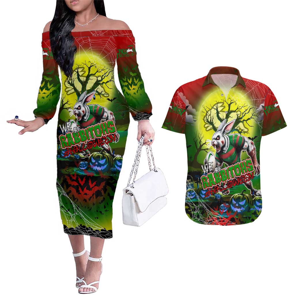 We Are Rabbitohs Halloween Couples Matching Off The Shoulder Long Sleeve Dress and Hawaiian Shirt Pumpkin Scary Spooky Season - Aussie Hoodie
