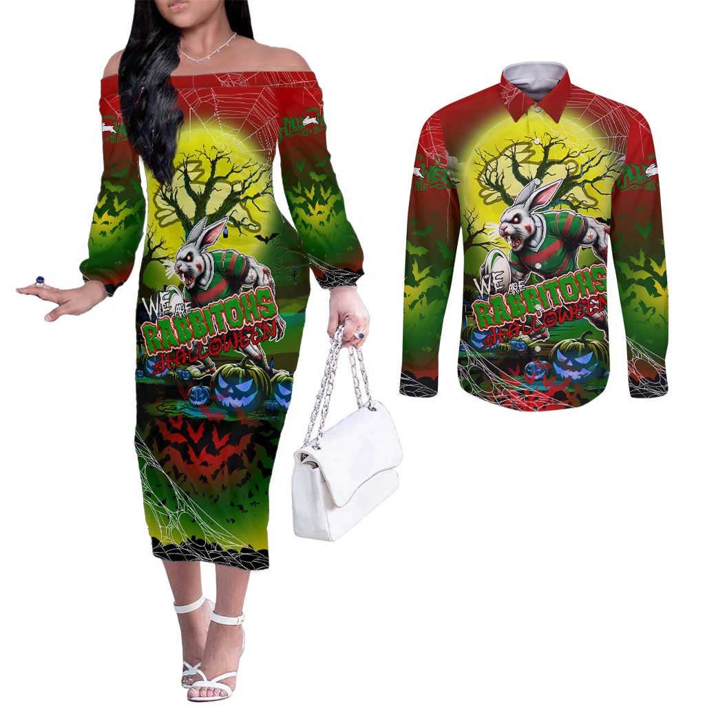 We Are Rabbitohs Halloween Couples Matching Off The Shoulder Long Sleeve Dress and Long Sleeve Button Shirt Pumpkin Scary Spooky Season - Aussie Hoodie