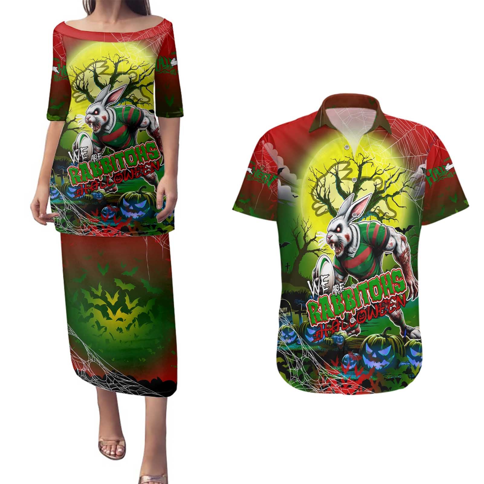 We Are Rabbitohs Halloween Couples Matching Puletasi and Hawaiian Shirt Pumpkin Scary Spooky Season - Aussie Hoodie