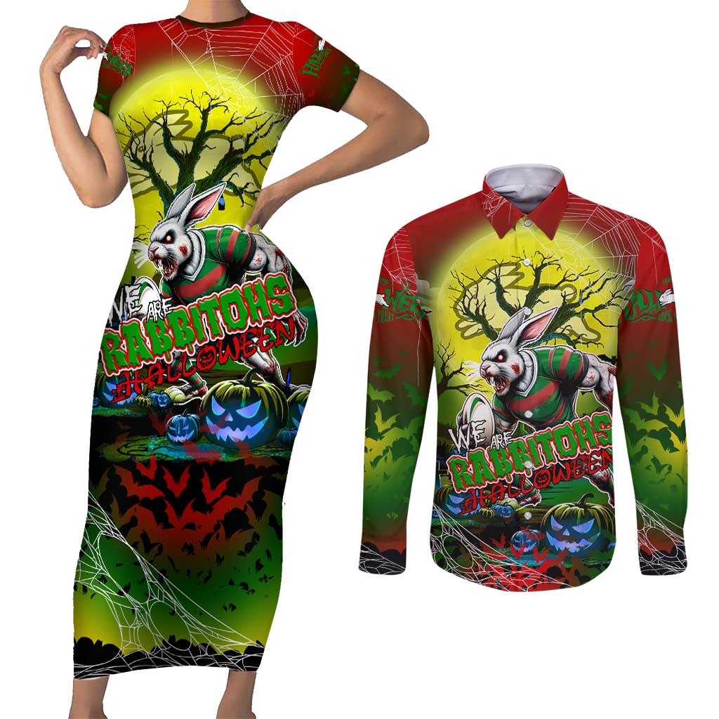 We Are Rabbitohs Halloween Couples Matching Short Sleeve Bodycon Dress and Long Sleeve Button Shirt Pumpkin Scary Spooky Season - Aussie Hoodie