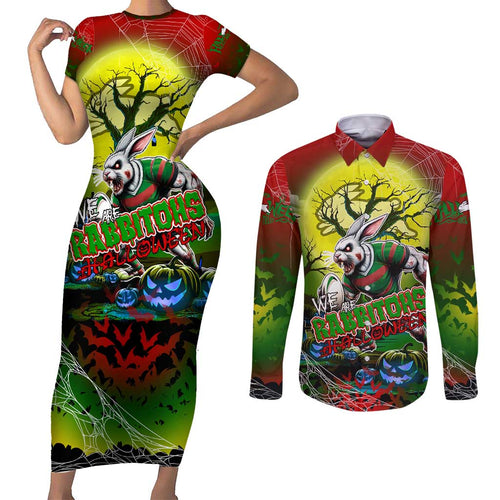We Are Rabbitohs Halloween Couples Matching Short Sleeve Bodycon Dress and Long Sleeve Button Shirt Pumpkin Scary Spooky Season - Aussie Hoodie