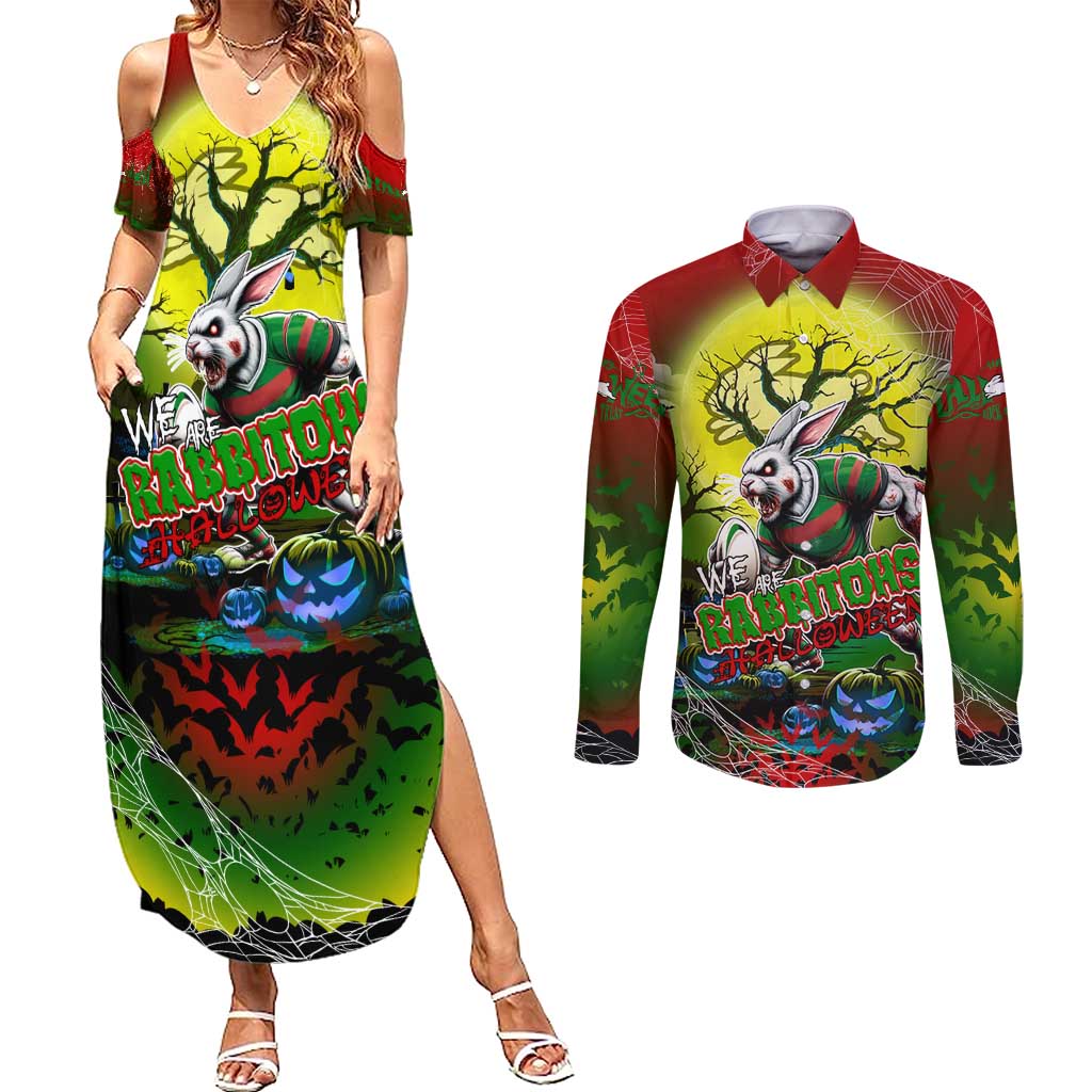 We Are Rabbitohs Halloween Couples Matching Summer Maxi Dress and Long Sleeve Button Shirt Pumpkin Scary Spooky Season - Aussie Hoodie