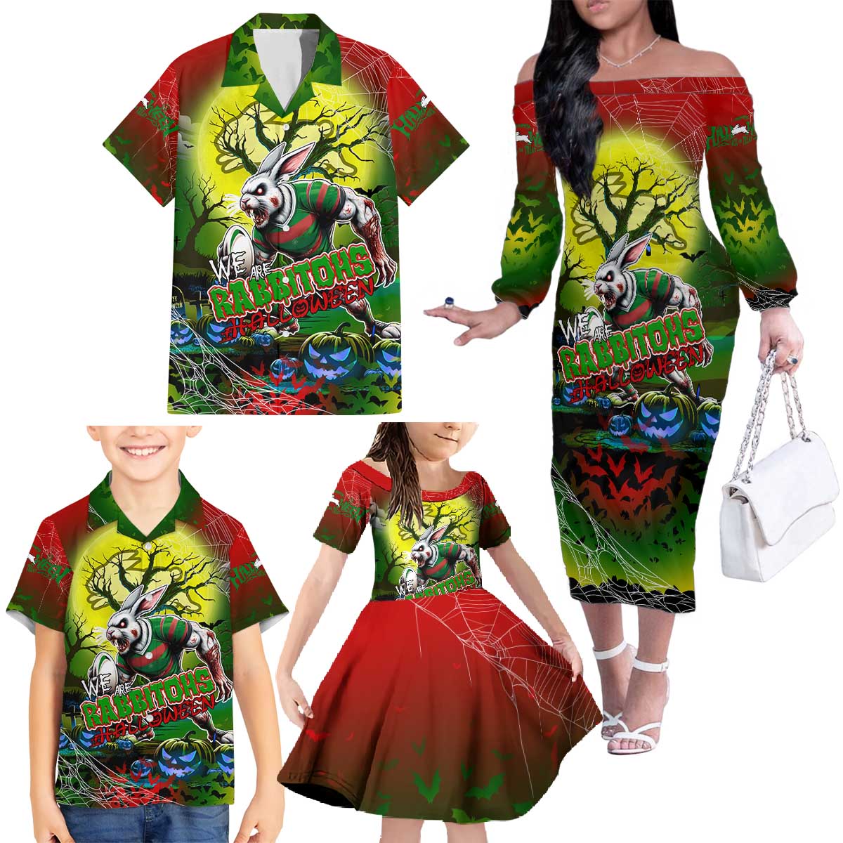 We Are Rabbitohs Halloween Family Matching Off The Shoulder Long Sleeve Dress and Hawaiian Shirt Pumpkin Scary Spooky Season - Aussie Hoodie
