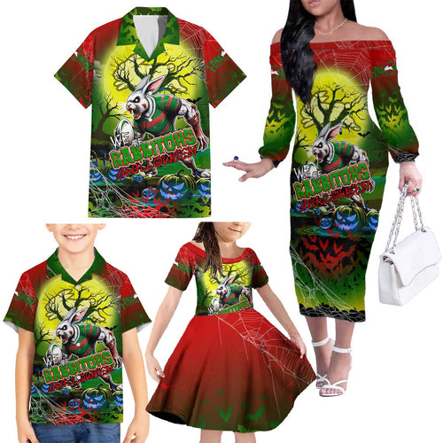 We Are Rabbitohs Halloween Family Matching Off The Shoulder Long Sleeve Dress and Hawaiian Shirt Pumpkin Scary Spooky Season - Aussie Hoodie