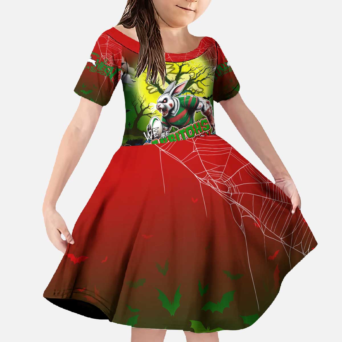 We Are Rabbitohs Halloween Family Matching Off The Shoulder Long Sleeve Dress and Hawaiian Shirt Pumpkin Scary Spooky Season - Aussie Hoodie
