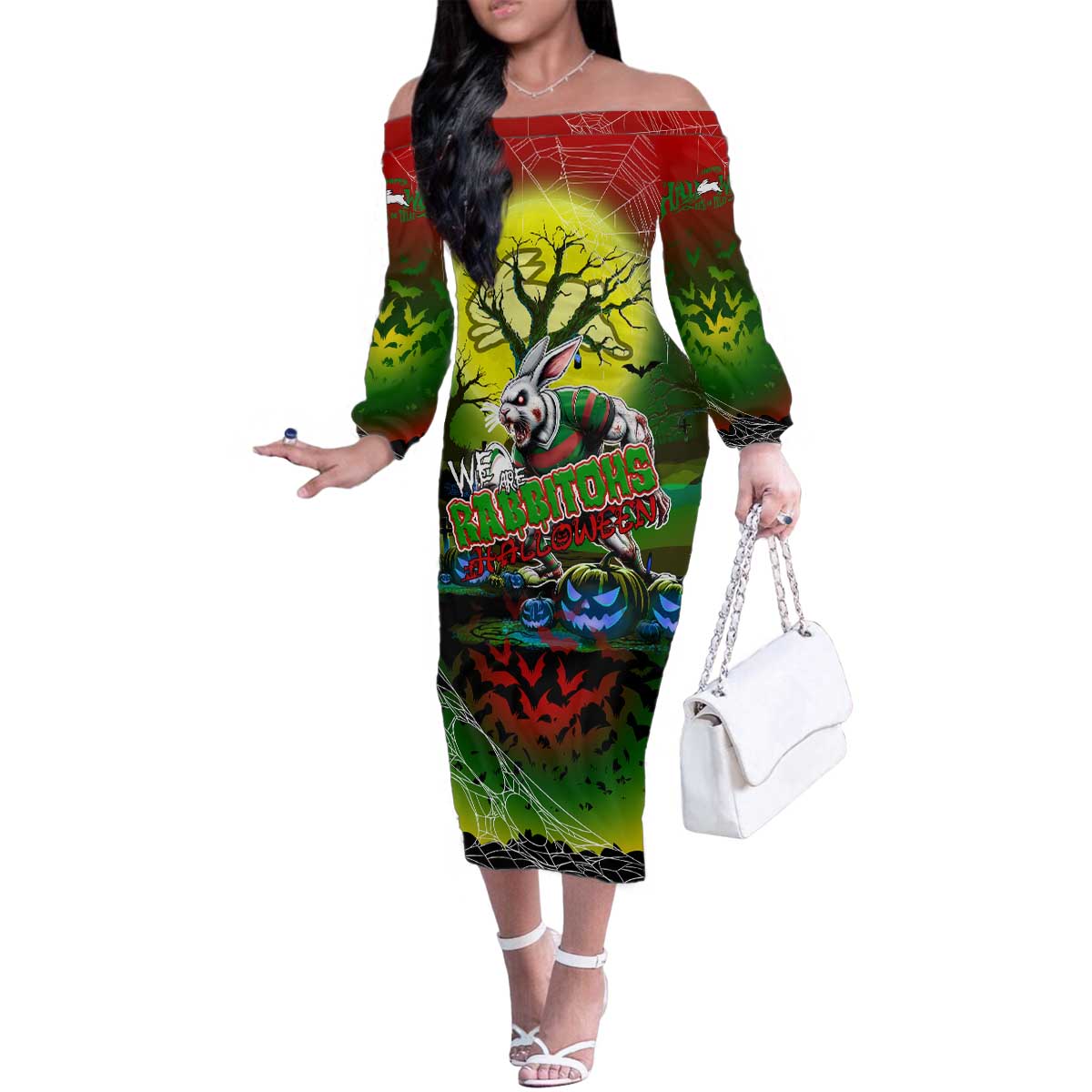 We Are Rabbitohs Halloween Family Matching Off The Shoulder Long Sleeve Dress and Hawaiian Shirt Pumpkin Scary Spooky Season - Aussie Hoodie