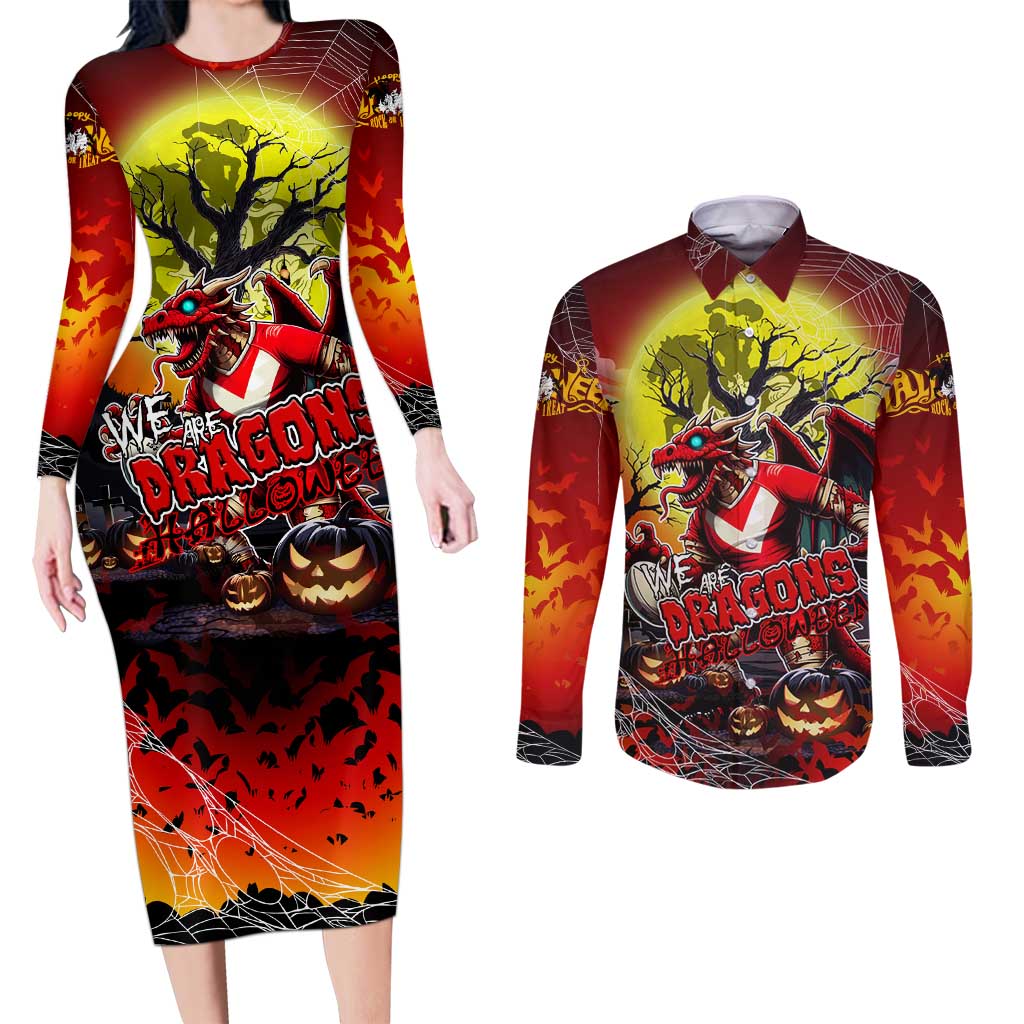 We Are Dragons Halloween Couples Matching Long Sleeve Bodycon Dress and Long Sleeve Button Shirt Pumpkin Scary Spooky Season - Aussie Hoodie