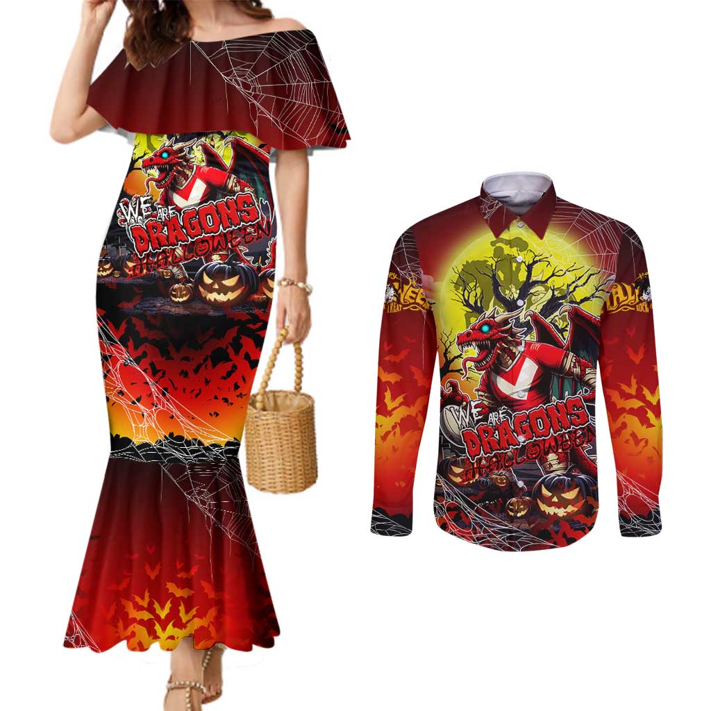 We Are Dragons Halloween Couples Matching Mermaid Dress and Long Sleeve Button Shirt Pumpkin Scary Spooky Season - Aussie Hoodie