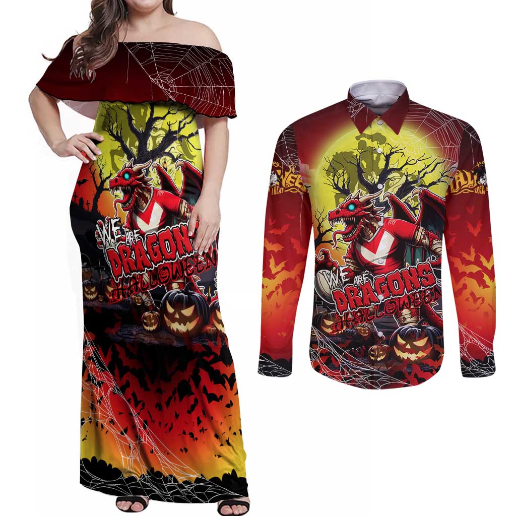 We Are Dragons Halloween Couples Matching Off Shoulder Maxi Dress and Long Sleeve Button Shirt Pumpkin Scary Spooky Season - Aussie Hoodie