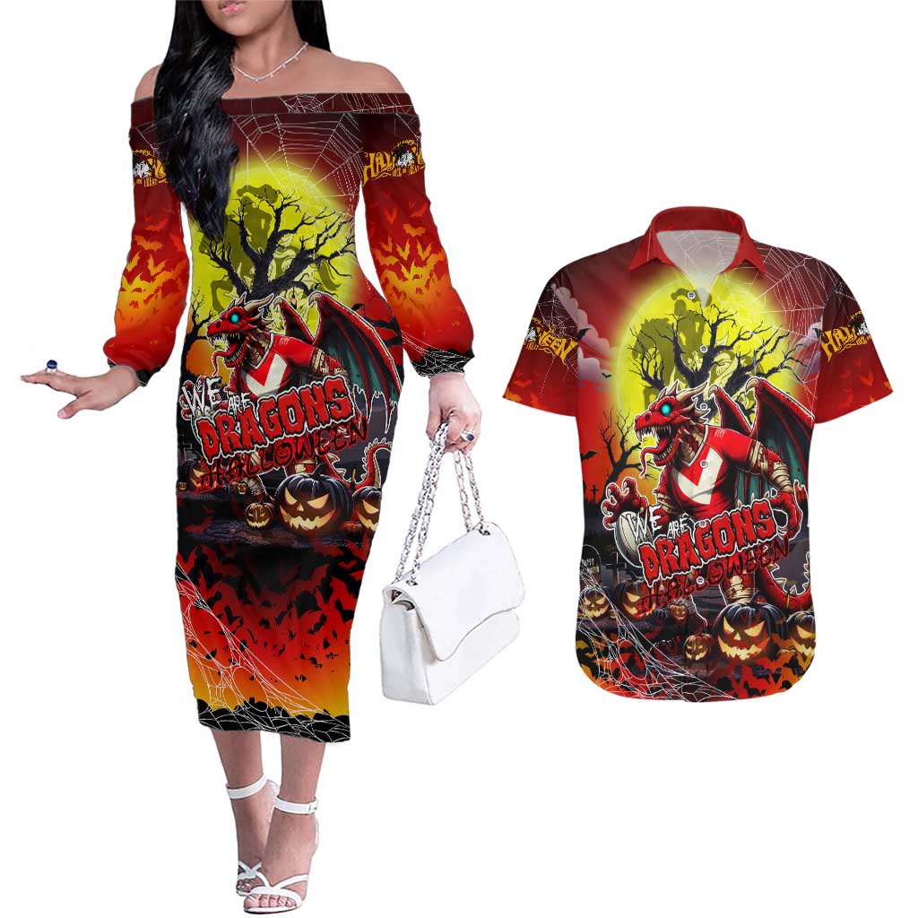 We Are Dragons Halloween Couples Matching Off The Shoulder Long Sleeve Dress and Hawaiian Shirt Pumpkin Scary Spooky Season - Aussie Hoodie