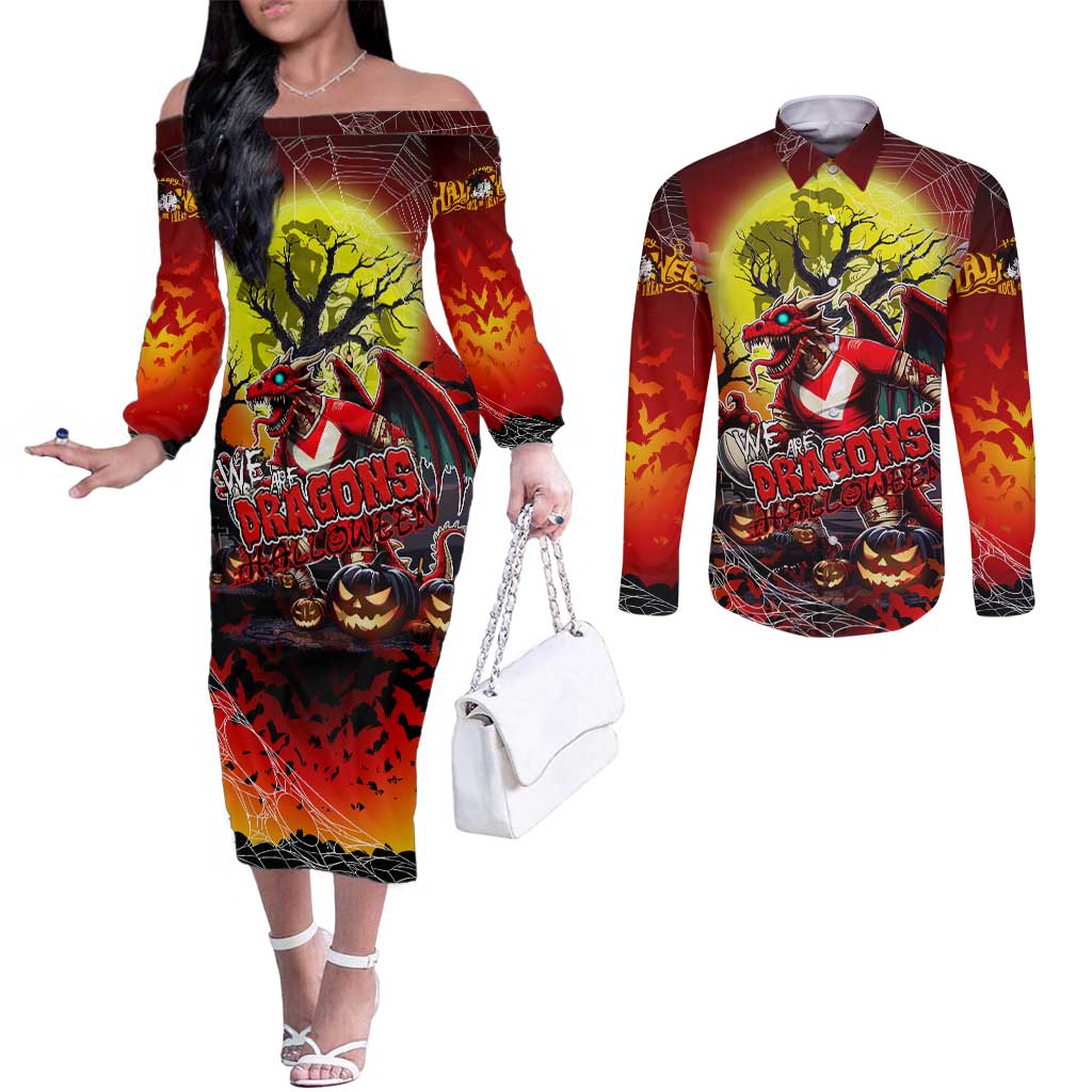 We Are Dragons Halloween Couples Matching Off The Shoulder Long Sleeve Dress and Long Sleeve Button Shirt Pumpkin Scary Spooky Season - Aussie Hoodie