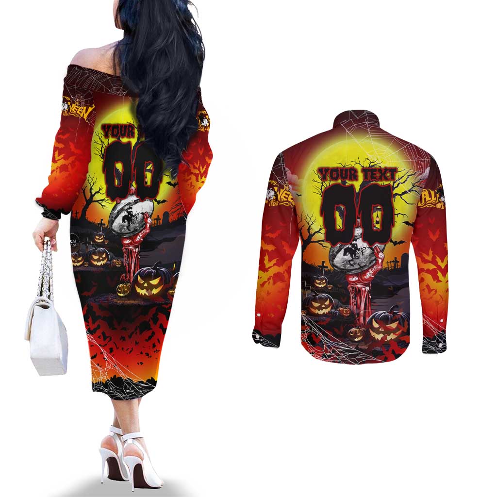 We Are Dragons Halloween Couples Matching Off The Shoulder Long Sleeve Dress and Long Sleeve Button Shirt Pumpkin Scary Spooky Season - Aussie Hoodie