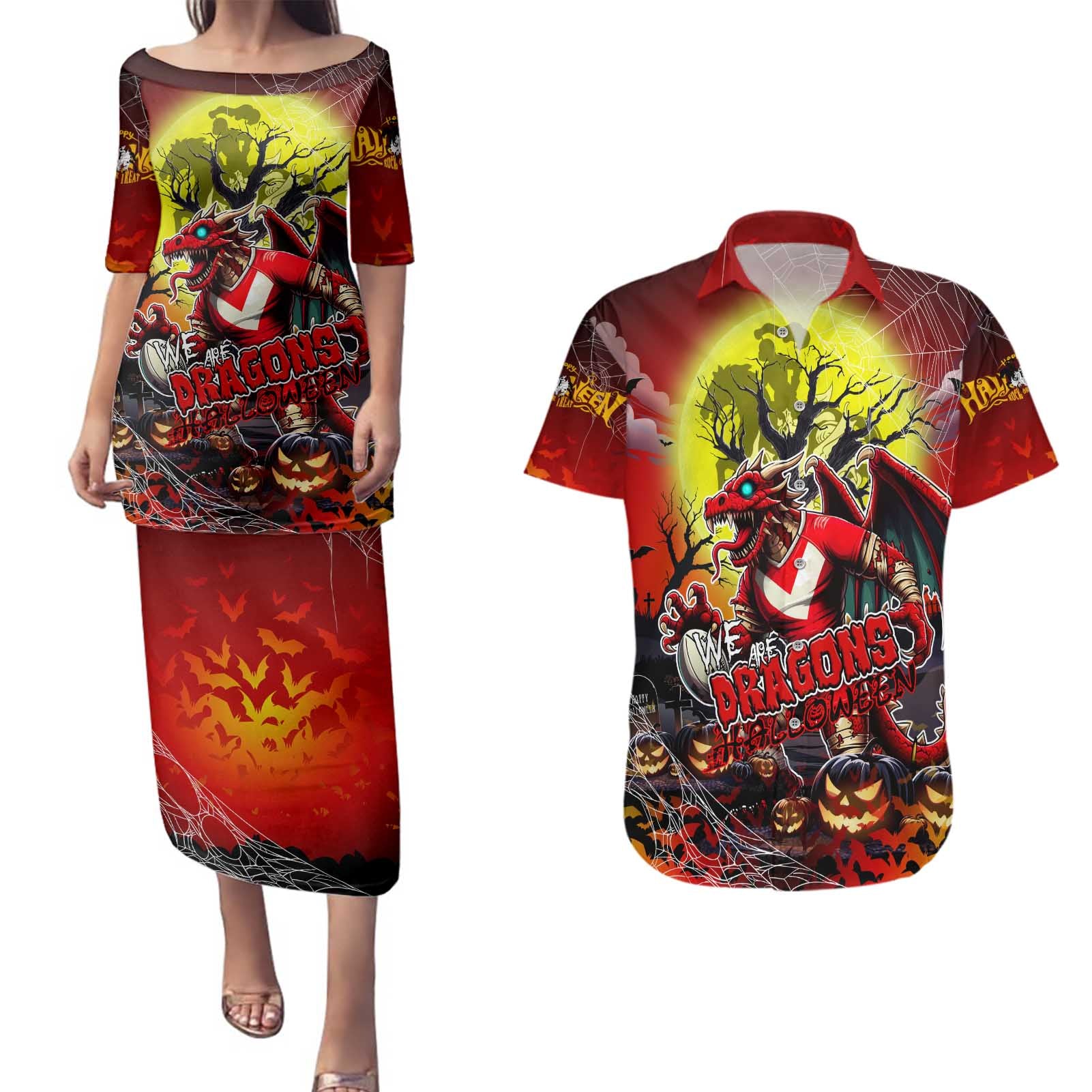We Are Dragons Halloween Couples Matching Puletasi and Hawaiian Shirt Pumpkin Scary Spooky Season - Aussie Hoodie