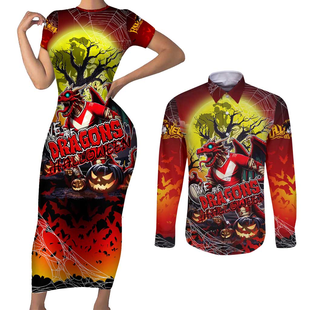 We Are Dragons Halloween Couples Matching Short Sleeve Bodycon Dress and Long Sleeve Button Shirt Pumpkin Scary Spooky Season - Aussie Hoodie