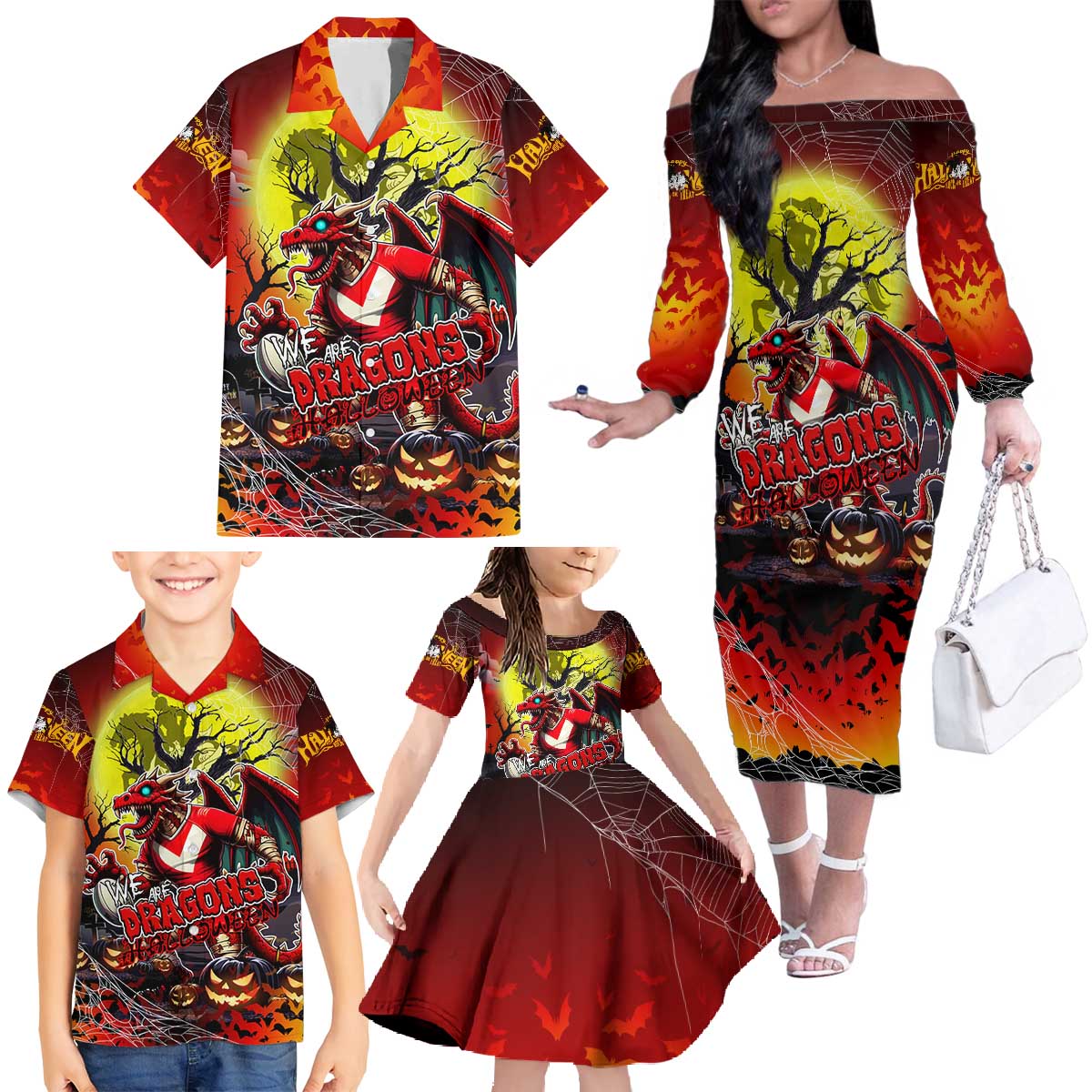 We Are Dragons Halloween Family Matching Off The Shoulder Long Sleeve Dress and Hawaiian Shirt Pumpkin Scary Spooky Season - Aussie Hoodie