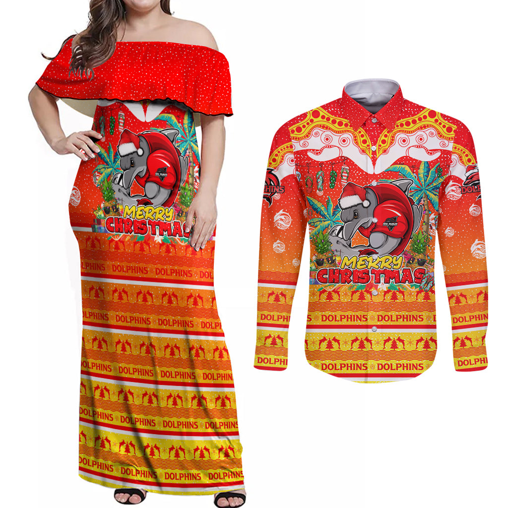 dolphins-christmas-couples-matching-off-shoulder-maxi-dress-and-long-sleeve-button-shirt-merry-xmas-nrl-australia-rugby