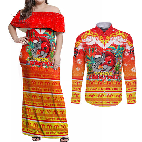 dolphins-christmas-couples-matching-off-shoulder-maxi-dress-and-long-sleeve-button-shirt-merry-xmas-nrl-australia-rugby