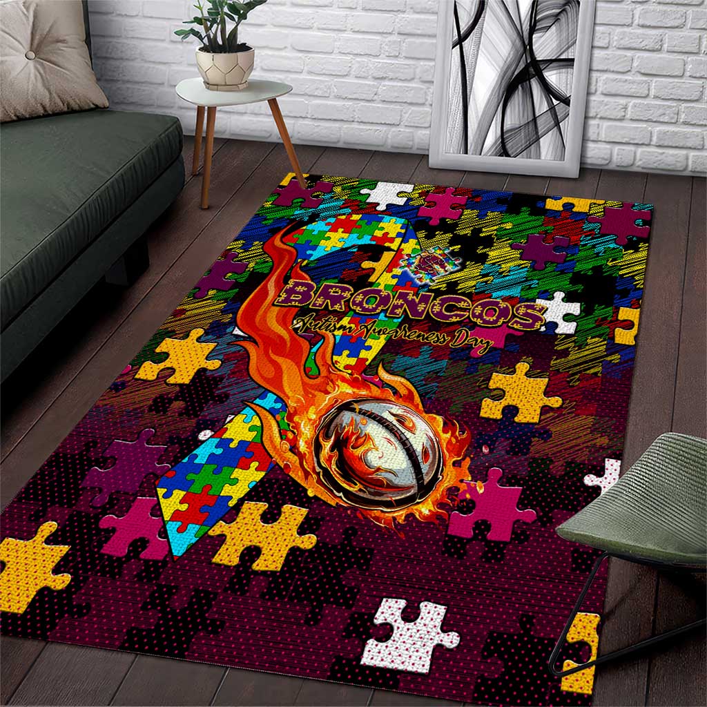 Broncos Autism Awareness Area Rug Puzzle Flames Rugby Ball