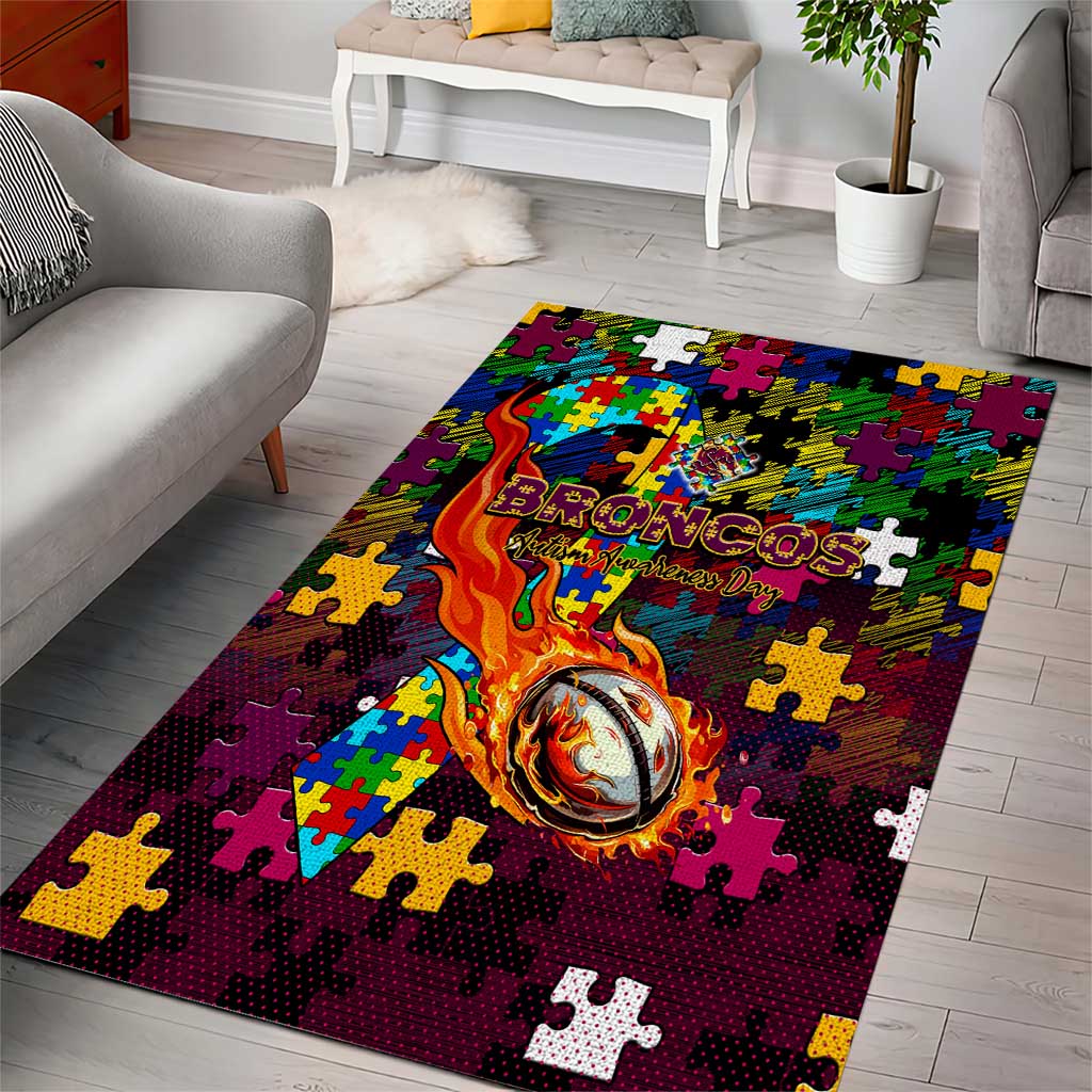 Broncos Autism Awareness Area Rug Puzzle Flames Rugby Ball