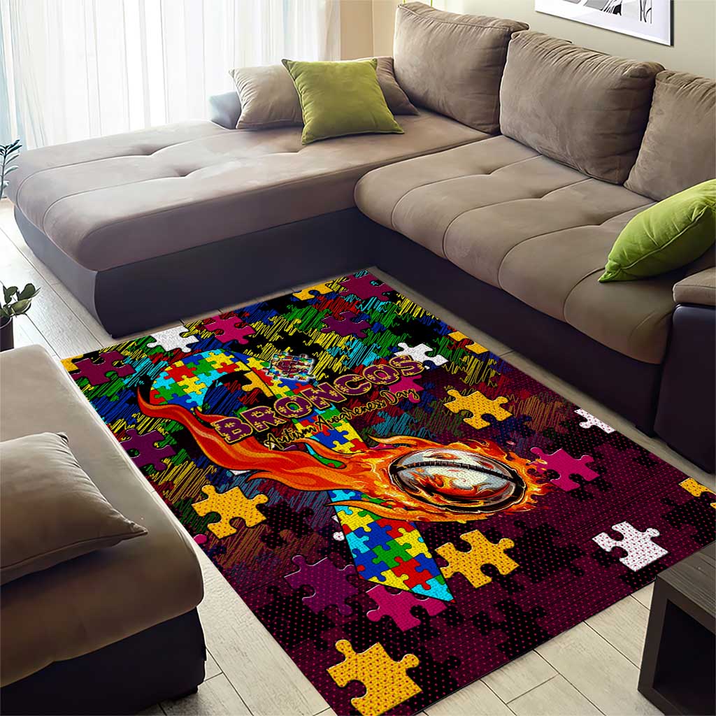 Broncos Autism Awareness Area Rug Puzzle Flames Rugby Ball
