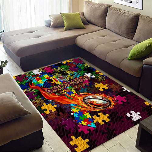 Broncos Autism Awareness Area Rug Puzzle Flames Rugby Ball