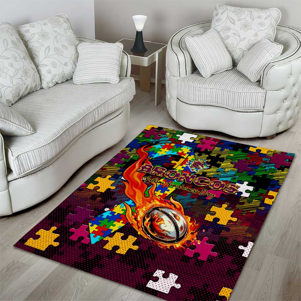 Broncos Autism Awareness Area Rug Puzzle Flames Rugby Ball