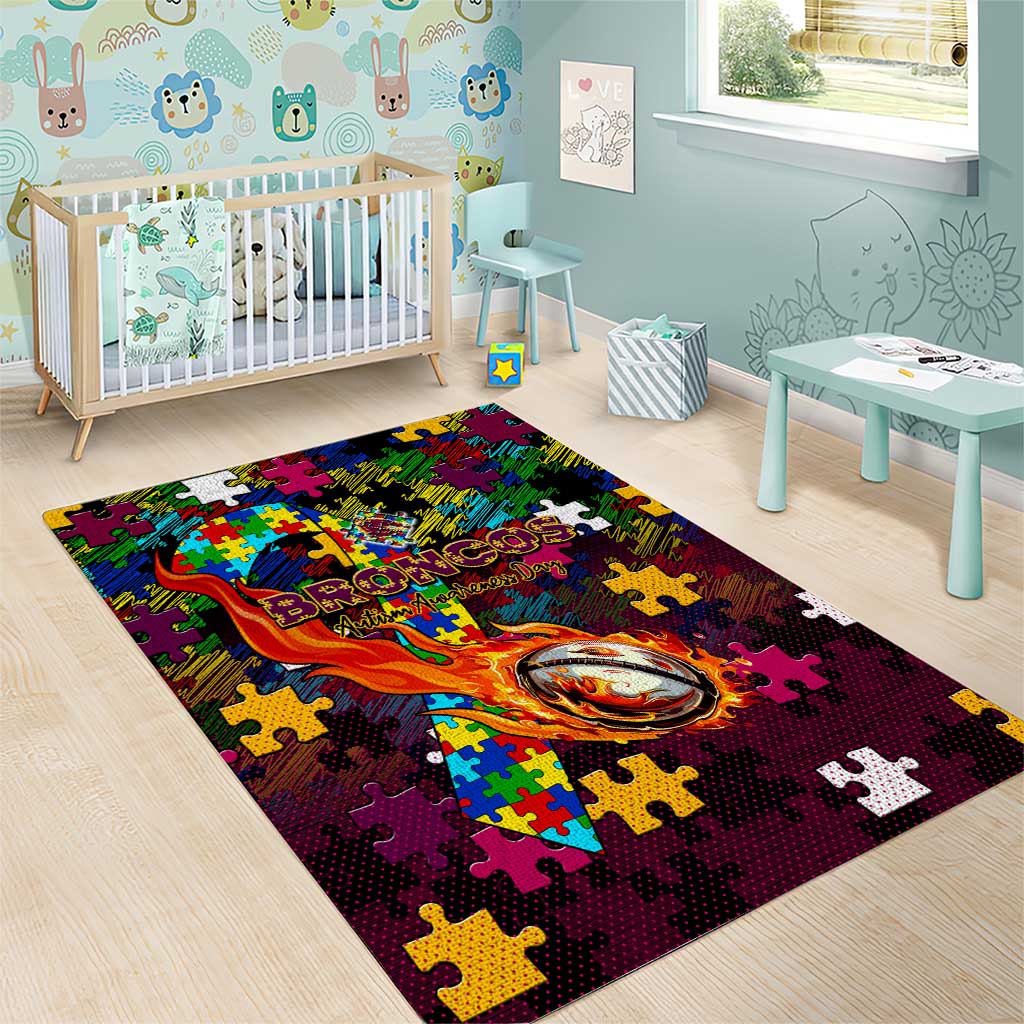 Broncos Autism Awareness Area Rug Puzzle Flames Rugby Ball
