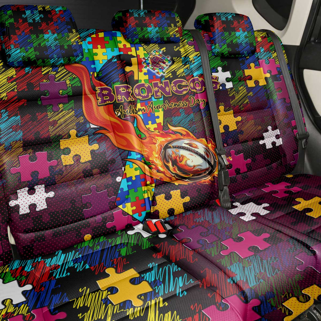 Broncos Autism Awareness Back Car Seat Cover Puzzle Flames Rugby Ball