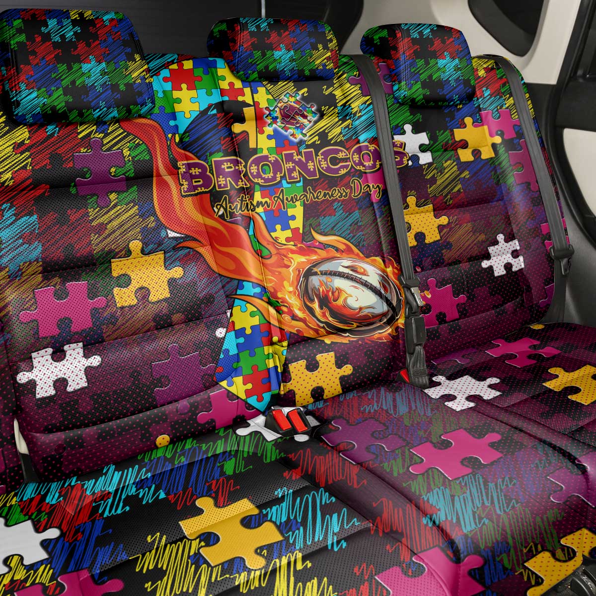 Broncos Autism Awareness Back Car Seat Cover Puzzle Flames Rugby Ball
