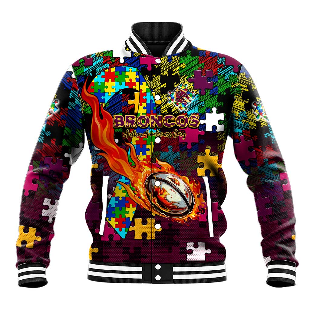 Broncos Autism Awareness Baseball Jacket Puzzle Flames Rugby Ball