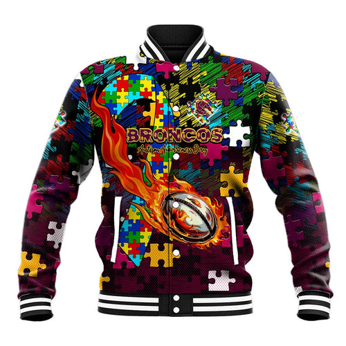 Broncos Autism Awareness Baseball Jacket Puzzle Flames Rugby Ball