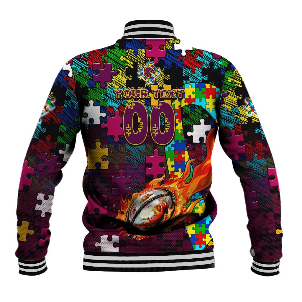 Broncos Autism Awareness Baseball Jacket Puzzle Flames Rugby Ball