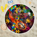 Broncos Autism Awareness Beach Blanket Puzzle Flames Rugby Ball