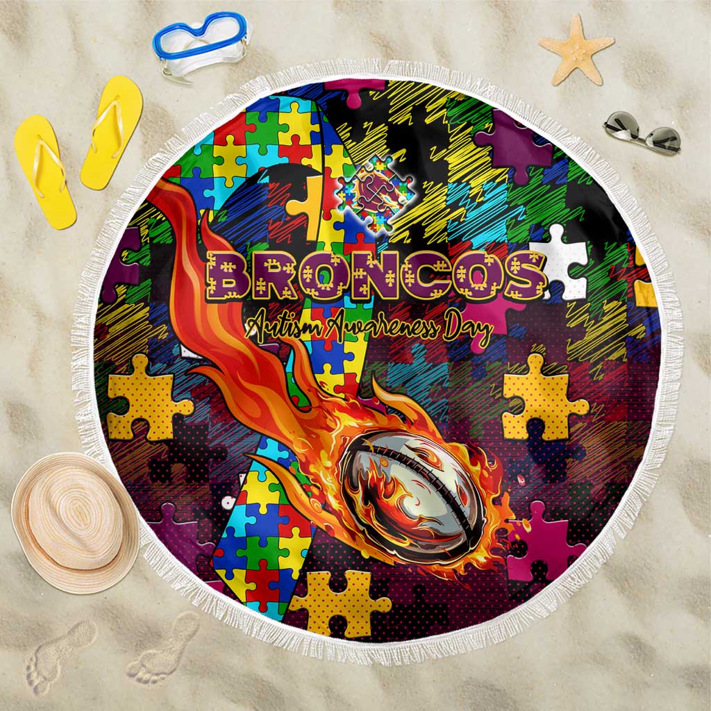 Broncos Autism Awareness Beach Blanket Puzzle Flames Rugby Ball
