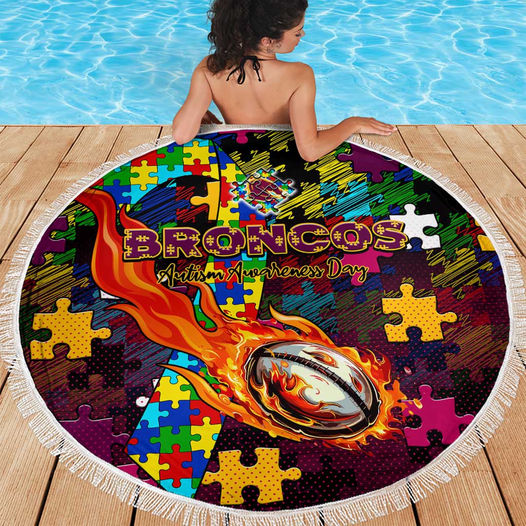 Broncos Autism Awareness Beach Blanket Puzzle Flames Rugby Ball