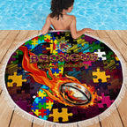 Broncos Autism Awareness Beach Blanket Puzzle Flames Rugby Ball