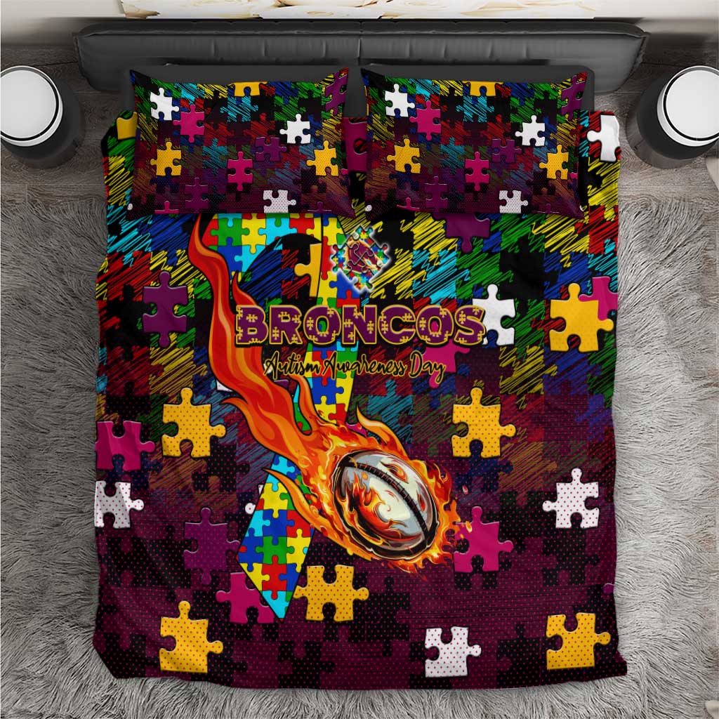 Broncos Autism Awareness Bedding Set Puzzle Flames Rugby Ball