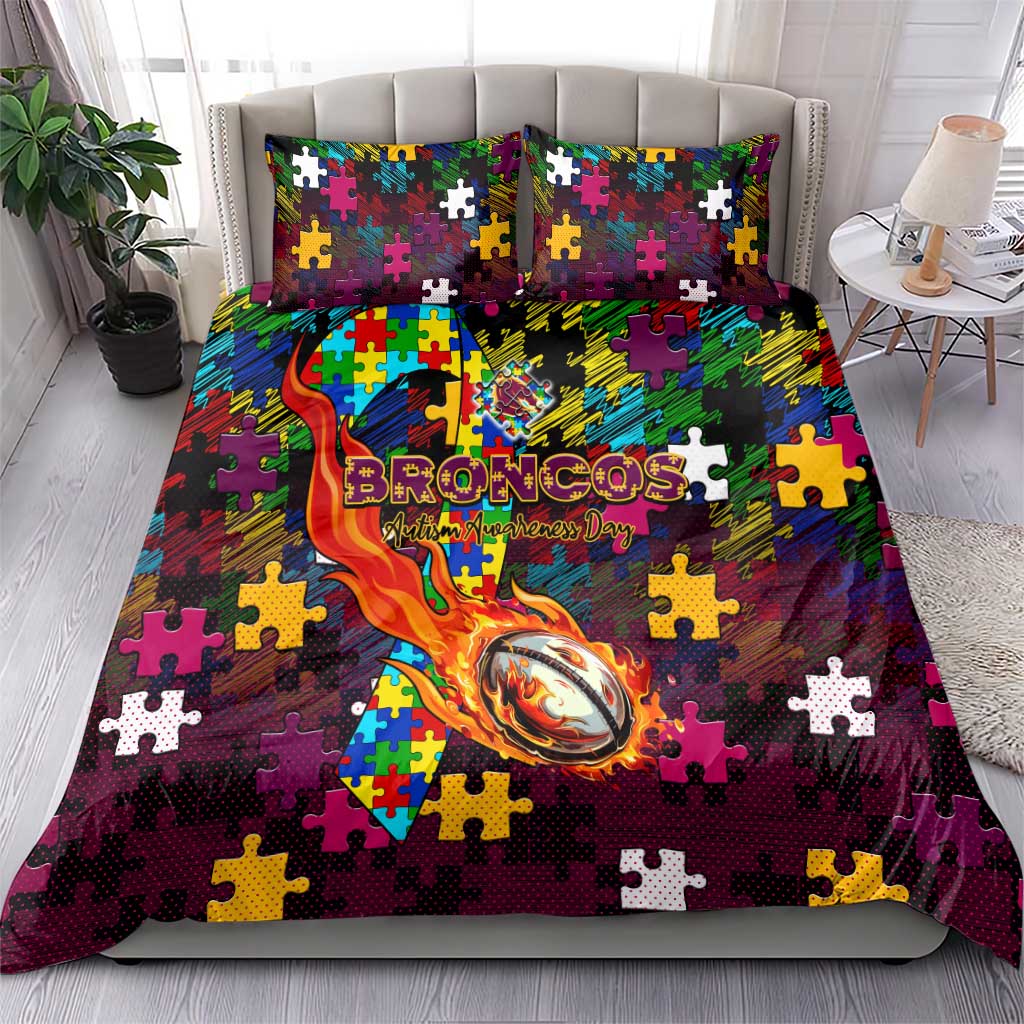 Broncos Autism Awareness Bedding Set Puzzle Flames Rugby Ball